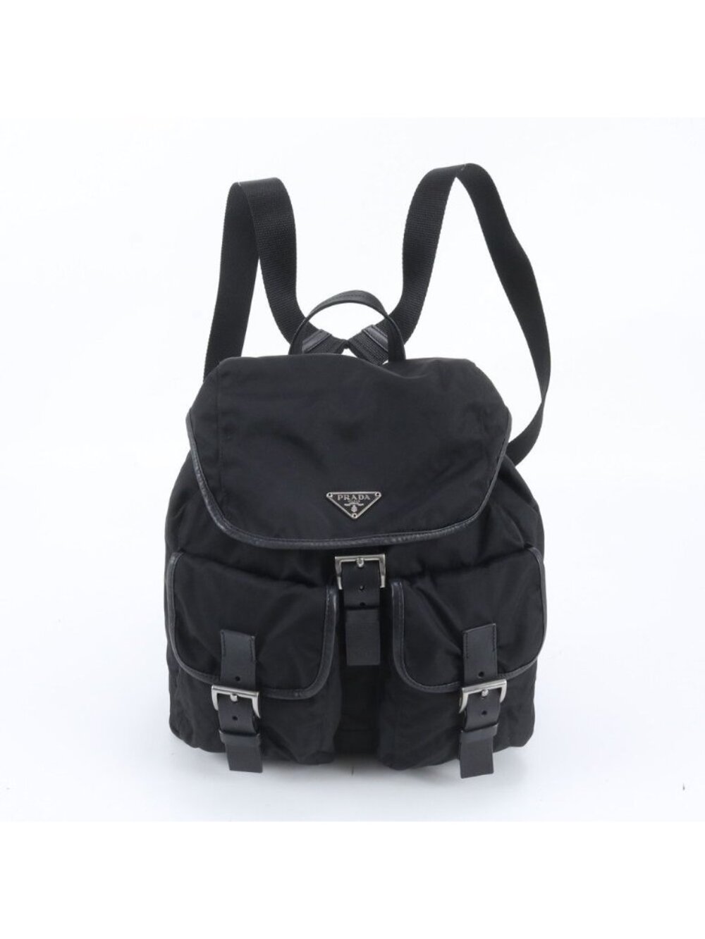 Prada Tessuto Nylon Triangle Logo Leather Backpack Black